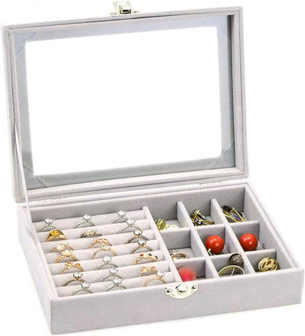 KriShyam® Jewelry Boxes with Glass Lids, 9 Grids Jewelry Storage Organizer Jewelry Box Women Travel Jewelry Box, Necklace Earrings Ring Jewelry Box, Clear Jewelry Storage Box