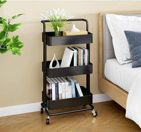 KriShyam ® Rolling Storage Organizer with Wooden Tabletop, Metal Utility, Lockable Wheels for Kitchen, Office, Bedroom (3-Layer Square with Handle)