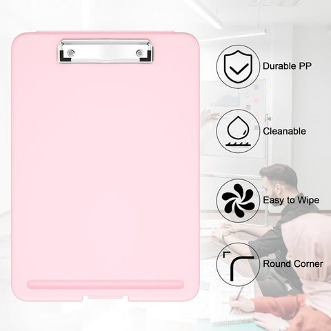 KriShyam® A4 Clipboard with Storage,Storage Clipboard with Clip,Slim Lightweight Plastic Study Writing Pad Foldable with Pen Holder & Document Compartment (Black, white, Pink)