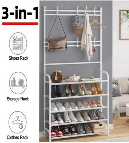 KriShyam® 3-in-1 Entryway Coat Rack & Shoe Bench – Hooks and Shelves for Hats, Coats, and Umbrellas – Stylish Black Multifunctional Organizer (5 - Tier )