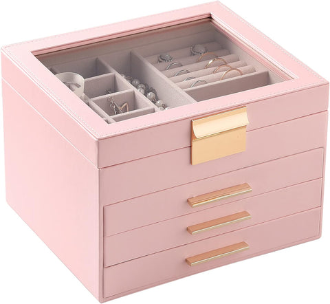 KriShyam ® Clear Lid Jewelry Box,4 Layers Jewelry Organizer with 3 Drawers Large Multi-Functional Jewelry Storage Box for Necklace Earrings Bracelets Rings Vanity Box