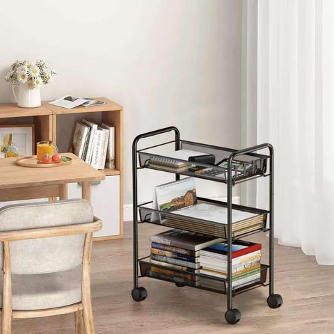 KriShyam ® Rolling Storage Organizer with Wooden Tabletop, Metal Utility, Lockable Wheels for Kitchen, Office, Bedroom (3-Layer Rectangular)
