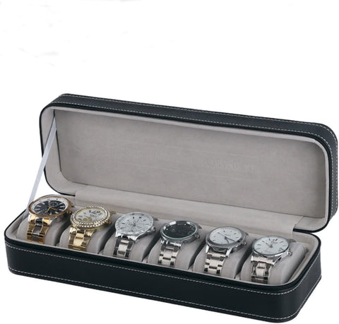 KriShyam®  6-slot Watch Box Portable Travel Zipper Case Storage Jewelry Storage Box Display Box with Watch Cloth,PU Leather Watch Storage Box for Business Trips and Gifts (Black)