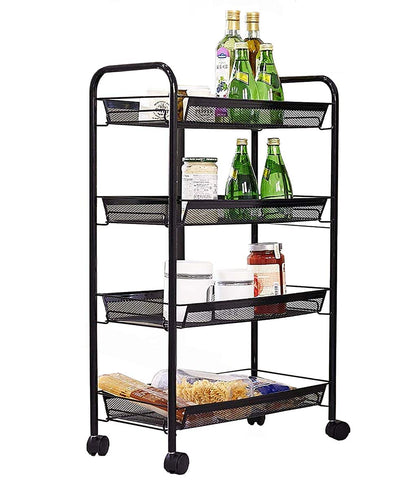 KriShyam ® Rolling Storage Organizer with Wooden Tabletop, Metal Utility, Lockable Wheels for Kitchen, Office, Bedroom (4-Layer Rectangular)