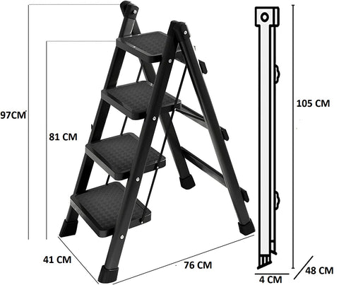 KRISHYAM 4-Step Folding Step Ladder – Heavy Duty Black Step Stool with Handrails, Portable Steel Frame, (Black, 4 STEP LADDER)