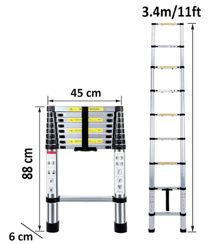 KriShyam® Telescopic Ladder, 3.5M/11.5ft Stainless Steel Lightweight Telescoping Ladders, Multi-Purpose Extension Ladder for Indoor or Outdoor Working, 150Kg Capacity (3.4M/11ft Stainless Steel)