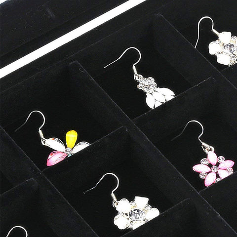 KriShyam® Earring Storage Case 24 Compartments Ring Velvet Display Case Box Earring Ring Organizer Velvet Jewelry Tray Cufflink Storage Showcase with Clear Glass Lid (Black)