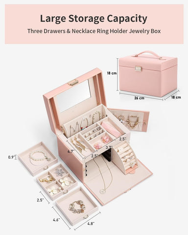 KRISHYAM® Jewelry Box, 4 Layer Leather Jewelry Boxes, Jewelry Organizer with Mirror and Lock for Girls Women Bracelets Rings Necklaces Earrings (Black, Green, Pink, White)