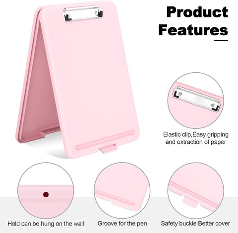 KriShyam® A4 Clipboard with Storage,Storage Clipboard with Clip,Slim Lightweight Plastic Study Writing Pad Foldable with Pen Holder & Document Compartment (Black, white, Pink)