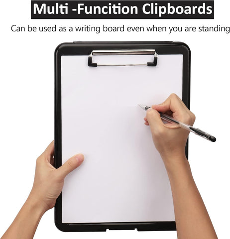 KriShyam® A4 Clipboard with Storage,Storage Clipboard with Clip,Slim Lightweight Plastic Study Writing Pad Foldable with Pen Holder & Document Compartment (Black, white, Pink)