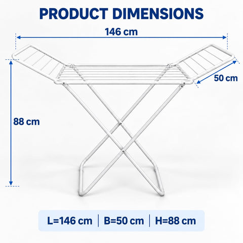 KRISHYAM® Foldable Clothes Drying Rack with Wings, Lightweight Metal Laundry Stand, X-Frame Drying Stand with Anti-Slip Feet for Indoor, Balcony & Home,(146 x 50 x 88 cm), White