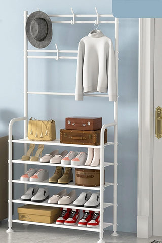 KriShyam® 3-in-1 Entryway Coat Rack & Shoe Bench – Hooks and Shelves for Hats, Coats, and Umbrellas – Stylish Black Multifunctional Organizer (5 - Tier )