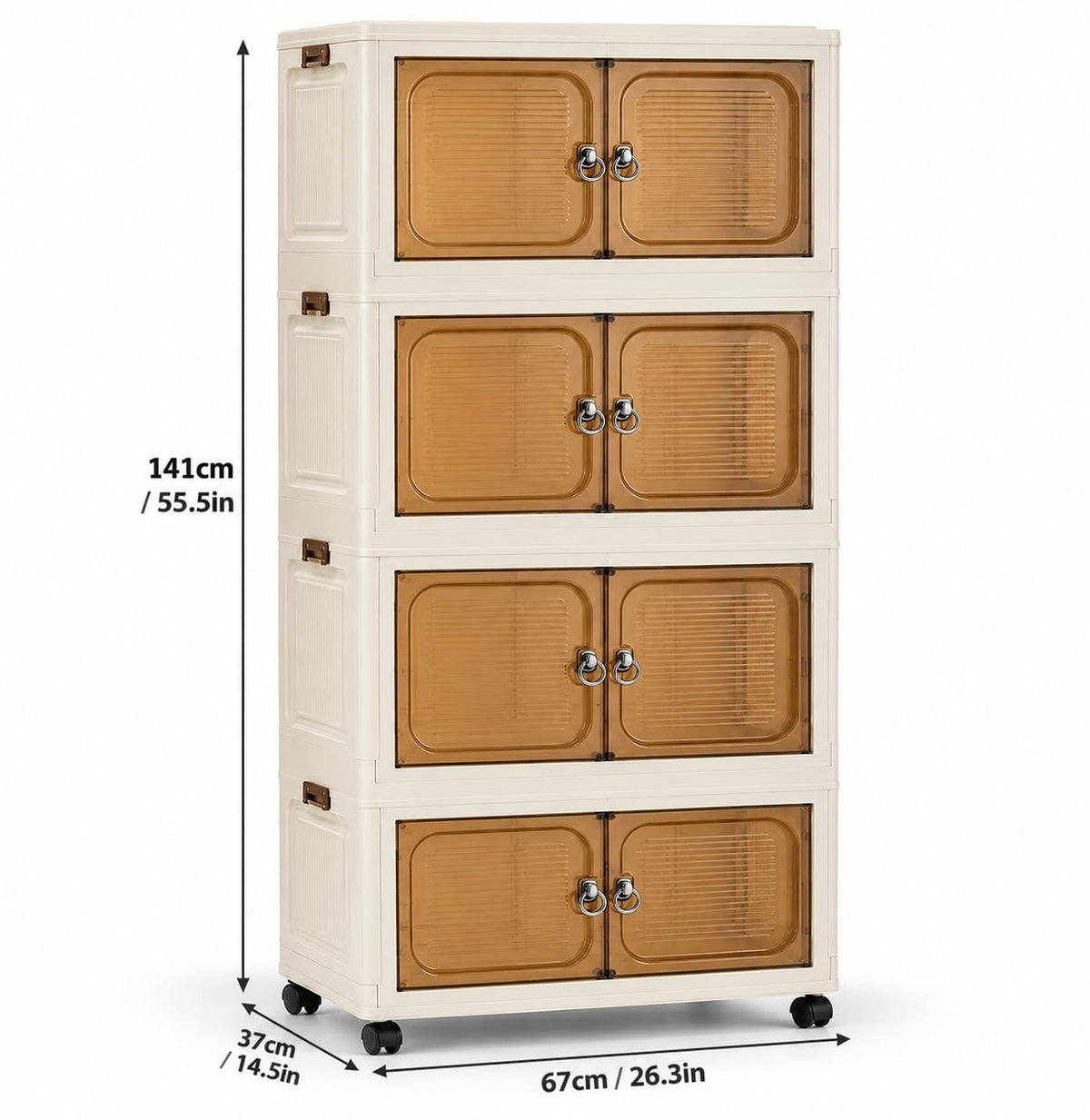 KRISHYAM® 4-Layer Plastic Storage Cabinet with 4 Translucent Doors & Caster Wheels, Multipurpose Clothes Organizer for Bedroom, Kids Room, Bathroom & Home, 141 × 67 × 37 cm (Black & White)