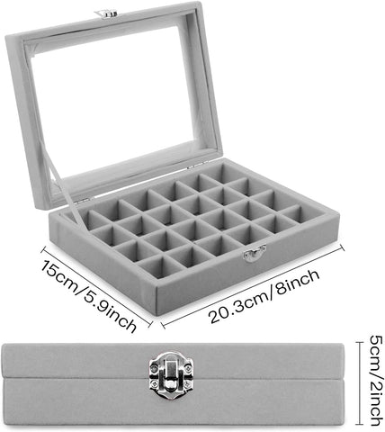 KriShyam® Earring Storage Case 24 Compartments Ring Velvet Display Case Box Earring Ring Organizer Velvet Jewelry Tray Cufflink Storage Showcase with Clear Glass Lid (Grey)