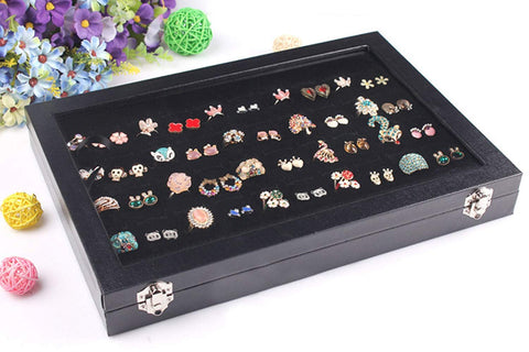 KriShyam® Fabric Glass Jewelry Ring Display Box Tray Holder Storage Box Organizer Display Storage Showcase Holder Organizer, Fabric Glass Tray Holder Storage Box Organizer (Black)