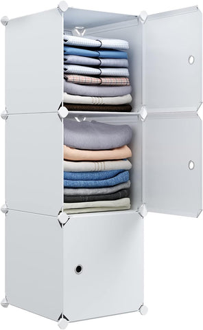 KRISHYAM® Kids Modular Storage Cabinet with White Doors, 4 Cube Plastic Wardrobe Organizer, DIY Closet System with Hanging Rod, Toy & Clothes Storage (White, 4 Box)
