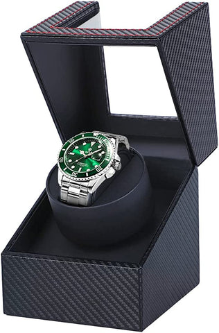KriShyam® Single Watch Winder for Automatic Watches, Carbon Fiber Leather Automatic Watch Winder, Silent Motor, Transparent Glass Window, Double Ball Bearing Wristwatch Display Case Box