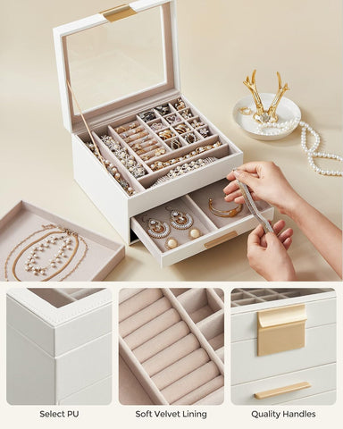 Krishyam® Clear Lid Jewelry Box,3 Layers Jewelry Organizer with 2 Drawers Large Multi-Functional Jewelry Storage Box for Necklace Earrings Bracelets Rings