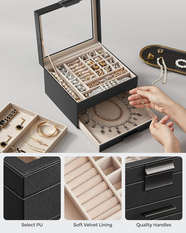 Krishyam® Clear Lid Jewelry Box,3 Layers Jewelry Organizer with 2 Drawers Large Multi-Functional Jewelry Storage Box for Necklace Earrings Bracelets Rings