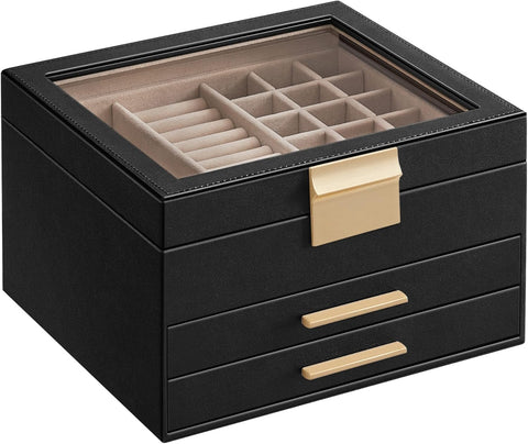 Krishyam® Clear Lid Jewelry Box,3 Layers Jewelry Organizer with 2 Drawers Large Multi-Functional Jewelry Storage Box for Necklace Earrings Bracelets Rings