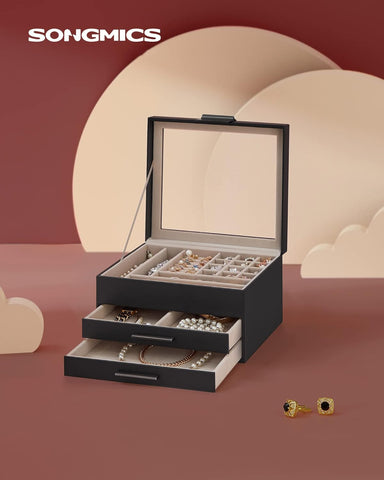 Krishyam® Clear Lid Jewelry Box,3 Layers Jewelry Organizer with 2 Drawers Large Multi-Functional Jewelry Storage Box for Necklace Earrings Bracelets Rings