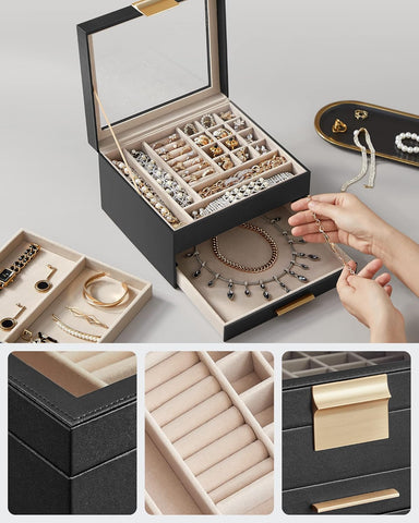 Krishyam® Clear Lid Jewelry Box,3 Layers Jewelry Organizer with 2 Drawers Large Multi-Functional Jewelry Storage Box for Necklace Earrings Bracelets Rings
