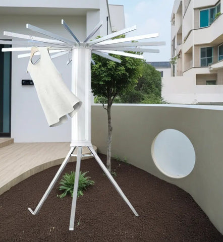 KRISHYAM® Premium Foldable Clothes Drying Rack with Wheels | 360° Rotating Telescopic Hanger Stand for Indoor & Outdoor Use (16 Stick-White & Silver with Wheel)