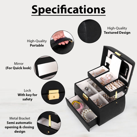 KRISHYAM® Luxury Lockable 3 Layer Leather Jewelry Box Organizerwith Mirror, Drawer & Key – Black Faux Leather Travel Case for Women & Girls