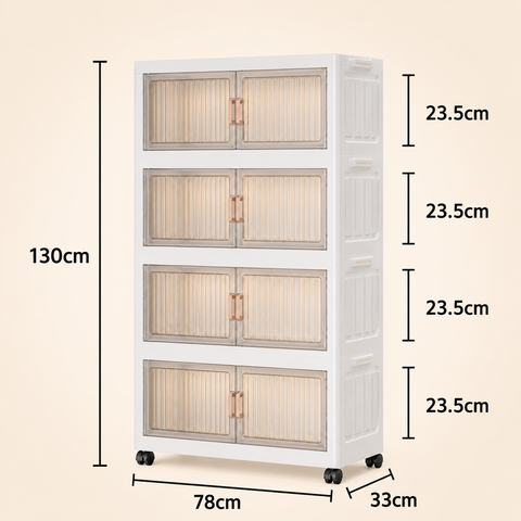 KRISHYAM® Modular Plastic Storage Cabinet with Translucent Doors & Wheels | Multi-Tier Clothes & Utility Organizer | Dustproof Freestanding Wardrobe (4 Layer - 4 Transparent Door (White)