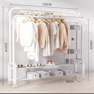 Krishyam® Double Rods Portable Garment Rack Wide Clothes Rail,Metal Clothes Rack with 2 Hanging Rails, 4 Hooks, 4 Side Shelves, and 2 Down Shelves, for Storing Shoes and Clothes