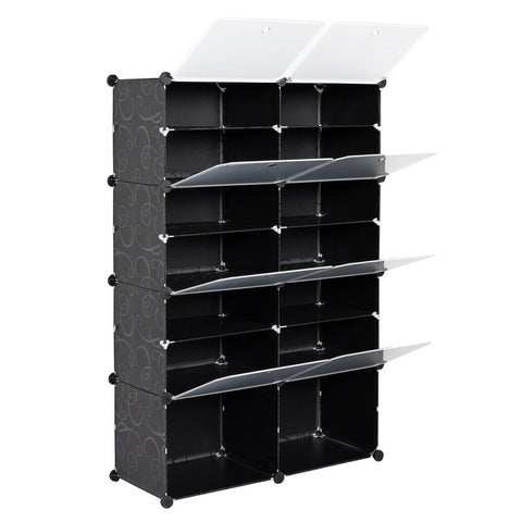 KRISHYAM® 16 Step Modular Shoe Rack Cabinet with Flip Doors & Side Hooks, Stackable Plastic Shoe Storage Organizer for Entryway, Bedroom & Closet, Space Saving Multi Layer (8 Door 16 Step (Black))