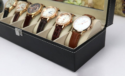 KriShyam® Wrist Watch Storage Box Display Case Organizer of Faux Leather Finish with Glass Window 6 Slot 30x8x11 cm