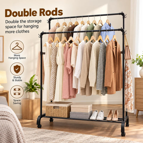KRISHYAM® Double Rail Clothes Rack with Wheels, Steel Garment Stand with Plastic Joint Connectors, Side Hooks & Bottom Shoe Storage, Mobile Clothes Hanger for Bedroom, Laundry & Closet
