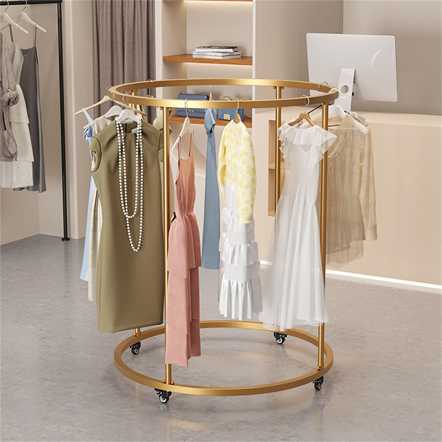KriShyam® Round Garment Rack with Wheels – Freestanding Metal Clothing Rack, Multi-Purpose Floor-Standing Clothes Organizer for Retail Home Gold