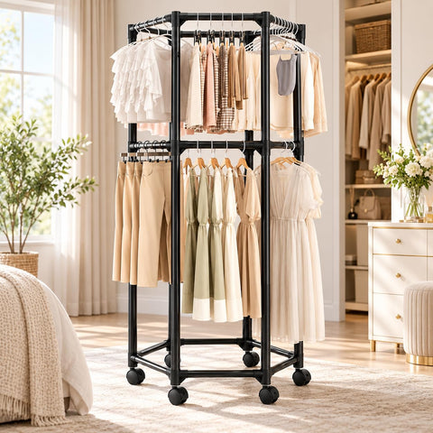 KRISHYAM® 2-Tier Mobile Clothes Garment Rack with 6 Wheels, Double Hanging Rail Portable Wardrobe Organizer for Bedroom, Laundry & Balcony, 83 x 72 x 167 cm, Black