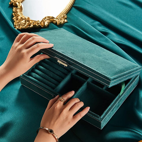 KRISHYAM® Velvet Jewelry Box Organizer for Women, Large Capacity Jewellery Storage Case for Necklace, Earrings, Rings & Bracelets, Multi-Functional Portable Jewelry Holder Gift Box, Green