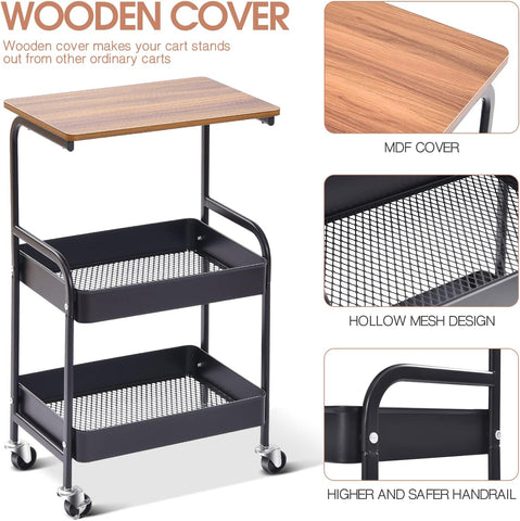 KriShyam ®Rolling Storage Organizer with Wooden Tabletop, Metal Utility, Lockable Wheels for Kitchen, Office, Bedroom (2-Layer Square with Wooden Top)