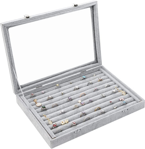 KriShyam® Fabric Glass Jewelry Ring Display Box Tray Holder Storage Box Organizer Display Storage Showcase Holder Organizer, Fabric Glass Tray Holder Storage Box Organizer (Grey)