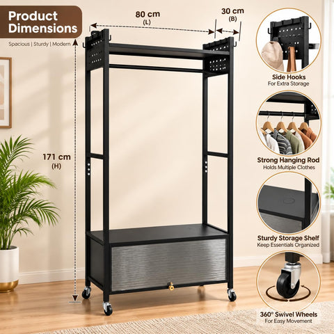 KRISHYAM® Metal Garment Rack with Wheels, Clothes Hanger Stand with Top Shelf, Side Hooks & Enclosed Bottom Storage, Mobile Wardrobe Organizer for Bedroom & Laundry