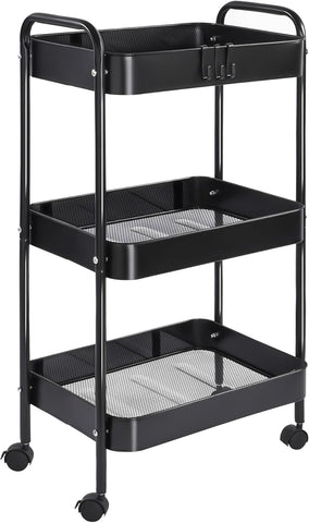 KriShyam ® 3 Tier Metal Rolling Cart with Wheels, Rolling Utility Cart Storage Organizer with Hooks, Easy Assemble for Kitchen, Bathroom, Living Room, Office, Nursery, Garage (Black)