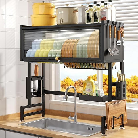 KRISHYAM® Over-the-Sink Dish Drying Rack with Dustproof Lift-Up Door, Black Metal Kitchen Organizer with Plate & Bowl Holders, Knife and Spoon Holders, Soap Tray & Chopping Board Stand
