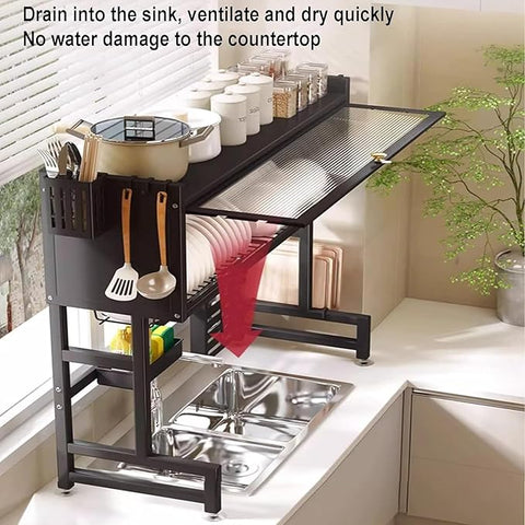 KRISHYAM® Over-the-Sink Dish Drying Rack with Dustproof Lift-Up Door, Black Metal Kitchen Organizer with Plate & Bowl Holders, Knife and Spoon Holders, Soap Tray & Chopping Board Stand