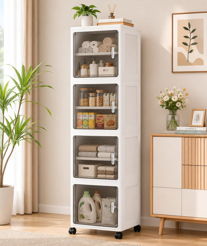 KRISHYAM® 4 Door Slim Plastic Storage Cabinet with Wheels, Collapsible Foldable Organizer with Transparent Doors, Removable Shelves & Magnetic Closure White