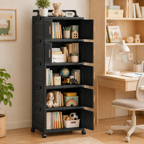 KRISHYAM® 5-Tier Plastic Storage Cabinet with Wheels, Water-Resistant Modular Clothes Organizer for Bedroom, Bathroom & Home, 133 x 46 x 27 cm, Black