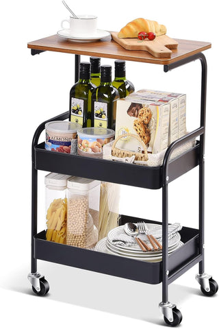 KriShyam ®Rolling Storage Organizer with Wooden Tabletop, Metal Utility, Lockable Wheels for Kitchen, Office, Bedroom (2-Layer Square with Wooden Top)
