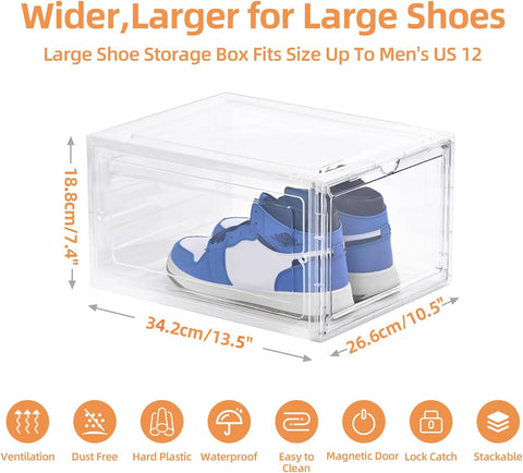 KRISHYAM® Drop Front Shoe Box with Clear Door,1 pack Plastic Shoe Boxes Stackable,Thicken & Sturdy Organizer Containers For Sneakers,Fit up to US Size 12(13.5”x 10.5”x 7.4”) (Set of 1, Black,White