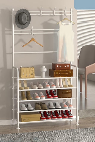 KriShyam® 3-in-1 Entryway Coat Rack & Shoe Bench – Hooks and Shelves for Hats, Coats, and Umbrellas – Stylish Black Multifunctional Organizer (5 - Tier )