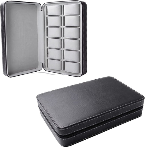 KriShyam® 12-Slot Watch Box,Watch Cases for Men,Watch Holder with Removable Watch Pillow,Portable Zip Watch Travel Case,Black Synthetic Leather,Flannel Grey Lining
