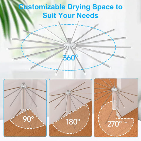 KRISHYAM® Premium Foldable Clothes Drying Rack with Wheels | 360° Rotating Telescopic Hanger Stand for Indoor & Outdoor Use (16 Stick-White & Silver with Wheel)