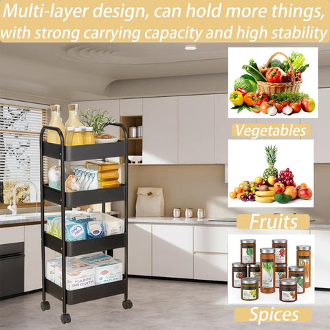 KRISHYAM® 4-Tier Metal Rolling Storage Trolley Cart with Wheels & Handle | Multipurpose Utility Organizer for Kitchen, Bathroom, Office & Salon | Heavy-Duty Steel (4-Layer Square)